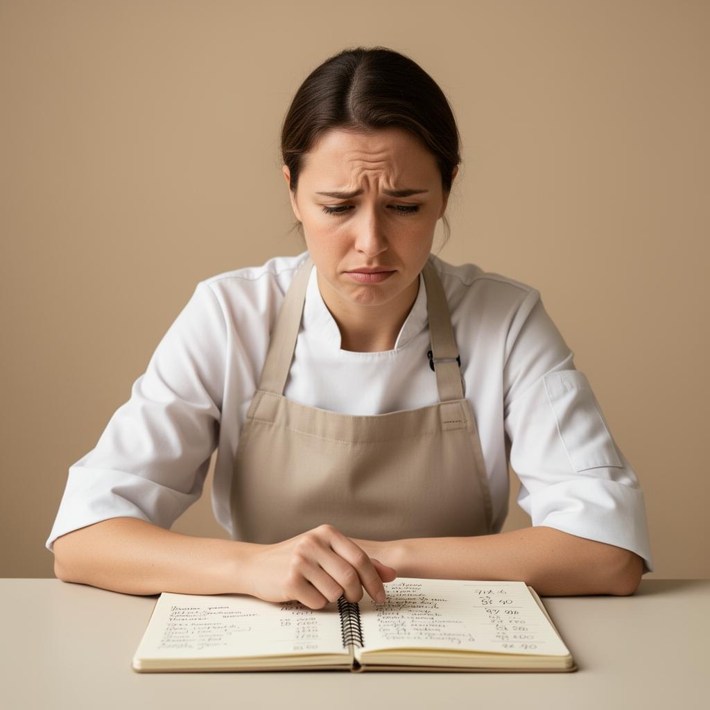 Confeiteira analisando anotações em um caderno, refletindo sobre os números do negócio