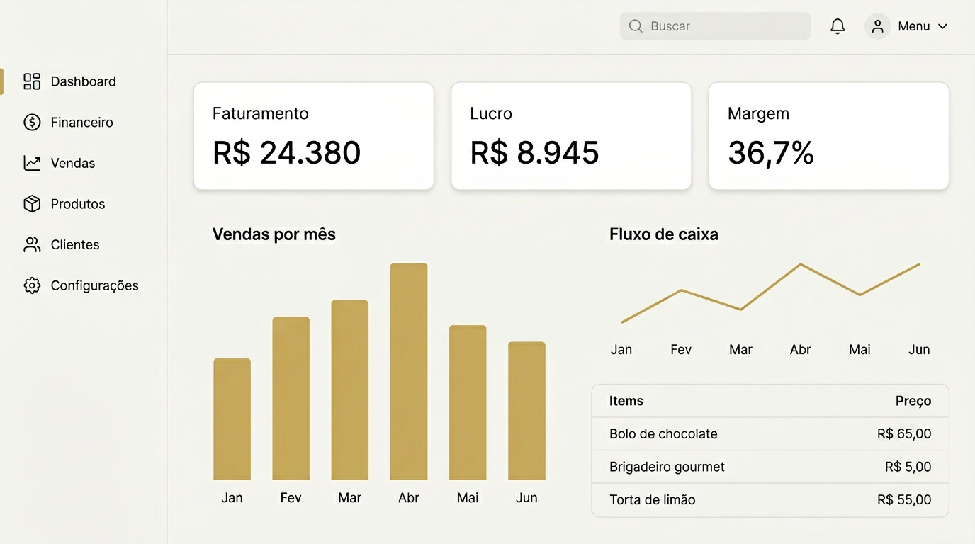 Mockup do sistema Caixa de Açúcar mostrando dashboard com faturamento, lucro, margem e gráficos de vendas