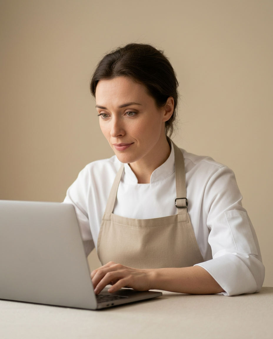 Confeiteira focada analisando os números do seu negócio no notebook